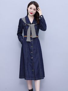 Váy Denim Cạp Cao Thời Trang Tay Dài Thường Ngày Mùa Xuân Thu Váy Sơ Mi Thon Gọn Một Nút Cài Váy Chữ a Dài Vừa Phải