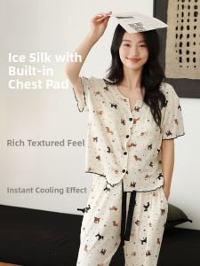 Miiow | MiiOW Ice Silk Sleepwear Womens Home Clothes With Chest Pad Anti-Protrusion Sweet Cute Style Summer Long Pants Short Sleeve