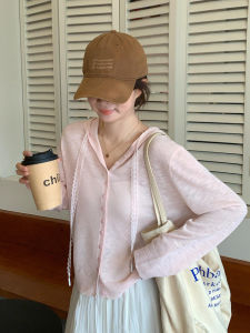 CHOEFULYN | Korean Pink Lace Bow Hooded Sunproof Knit Cardigan