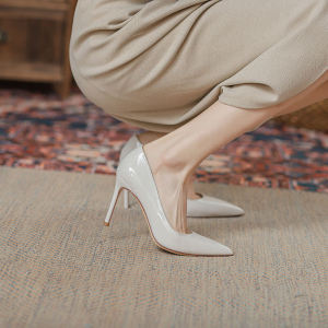 Elegant Sharp Pointed Toe High Heels in Smooth Leather for Women Spring Summer New Style Commute Friendly Pastel White Color