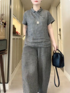 UYFY | Fashionable Plaid Two-Piece Set Womens Summer New Vintage Design Sense Stylish Top Pants Ensemble Large Size Commute Style High Waist Long Pants