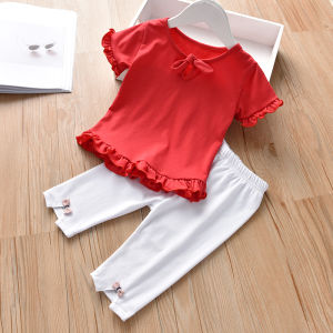 Girls Summer Outfit Short Sleeve T-Shirt And Seven-Five Pants Two-Piece Set Korean Style Fashionable Baby Clothes Cotton Material