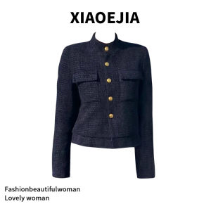 Xiaoejia Blue Woolen down Jacket Autumn Winter New Style Small Fragrance Style Wealth Family Princess Wind Open Cardigan