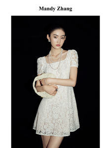 French Heavy Lace Puff Sleeves Dress