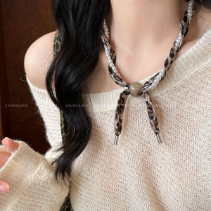 Black White Leopard Print Pearl Silk Scarf Necklace Womens Vintage Unique Design Sweater Chain Luxury Sensation Accessory