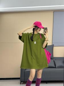 Retro Simple Raw Edge round Neck Solid Color Short Sleeve T-Shirt Womens Spring Summer New Loose Casual Versatile Mid-Length Top