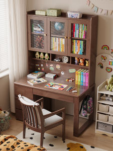 Thickened Solid Wood Study Desk Bookcase Integrated New Style Student Learning Table Simple Office Writing Table with Bookcase