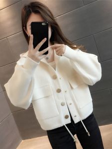 เสื้อแจ็คเก็ตเบสบอลสไตล์ฝรั่งเศสสำหรับผู้หญิง ฤดูใบไม้ผลิและฤดูใบไม้ร่วง ทรงหลวม แขนยาว สีพื้น คอกลม ปิดด้วยกระดุม