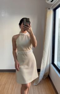 Classy Champagne Color Mini Party Dress - Halter Dress with Luxurious Beads