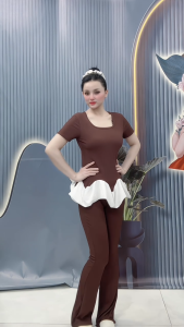 set đồ bộ ống loe áo cổ vuông tay ngắn phối voan bèo dễ thương mặc nhà TK130