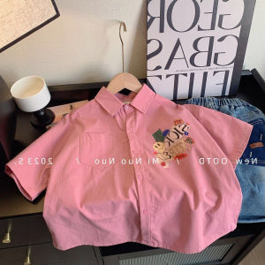 Casual Cotton Short Sleeve Shirt for Boys Pink Summer New Style Childrens Fashionable Shirt Korean Version Half Sleeve Shirt