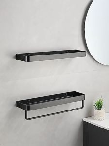 Th-ชั้นวางของอลูมิเนียมสีดำ ชั้นวางของที่ติดตั้งได้โดยไม่ต้องเจาะรูชั้นวางของอลูมิเนียมที่เก็บผ้าขนหนูห้องน้ำ