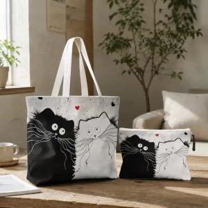 Cute Cat Cartoon Storage Bags 2-Piece Set Double-Sided Printed Canvas Tote Bags with Zipper Shopping Shoulder Handbags