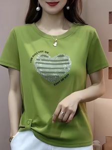 เสื้อยืดคอกลมแขนสั้นผ้าฝ้ายแท้สำหรับผู้หญิง ฤดูร้อน 2025 เสื้อตัวบนทรงหลวมสไตล์เกาหลี ลายหัวใจประดับเพชร เสื้อผ้าทำงาน