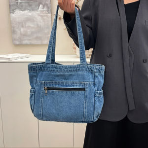 Large Capacity Original Design Denim Tote Bag Womens Commuter Shoulder Bag Lazy Style Student Bag Trendy Commuter Bag