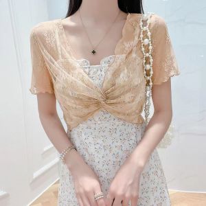 Sun Protection Lace Shoulder Shawl Womens Summer Strap Hollow out Short Sleeve V-Neck Top Short Length Mesh Cover up