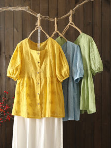 Elegant Floral Embroidery Cotton Linen Half Sleeve Shirt Summer Large Size Womens Fashionable Square Collar Button up Versatile Youthful Top