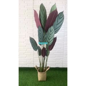 Pohon Artificial Tanaman Hias Daun Callathea Ungu T150 Latex Cover Pot Anyaman Purun Handle Dekorasi Kantor