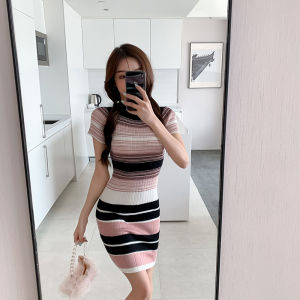 Dongda Gate Womens Fashionable Summer Slim Fit Short Skirt Knitted Wrap Bodycon Dress Inner Wear Striped Korean Style