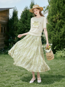 XIANGYING | Green Check Mesh Floral Print Midi Skirt