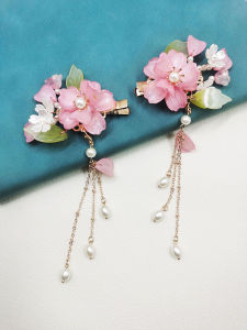 Headdress Han Dynasty Bun Headdress Pink Flower a Pair of Hairclips Flower Beads Tassel Sweet Fresh Classical Style Tuinga Barrettes