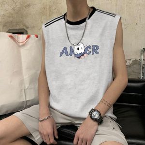 American High Street Cotton Sleeveless T-shirt Mens Summer Loose Fashion Brand Casual Stripes Vest Boys Sleeveless Jacket Short-Sleeved