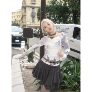 Crazy Ladys Retro Print Shoulder Long Sleeve Sun Protection Clothing Female Slim Looking Silm Wandering Girl T-shirt Tops