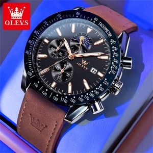 OLEVS Original Authentic Mens Casual Watch High Fashion Waterproof Leather Strap Quartz Chronograph Stopwatch Luminous Calendar