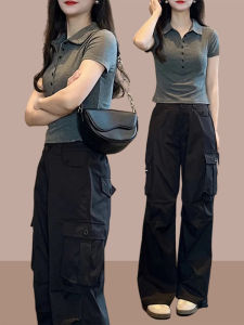 Shalldoer | Bộ đồ hai mảnh cho nữ mùa hè màu trơn áo len nửa mở cổ polo tay ngắn quần dài thẳng phong cách công sở thường ngày