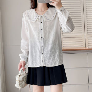 Spring and Autumn Korean Style New Doll Collar Lace up Shirt Plus Size Ladies Fresh Bright Line Single-Breasted Long Sleeve Plus Size Tops