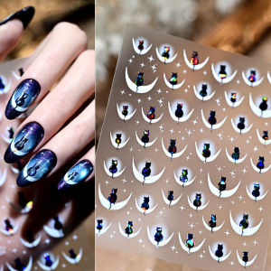 1Pcs Shiny Black Cat French Lines Nail Stickers Y2K Stars Moon Aurora Cats Shadow Nail Decals Self-Adhesive Manicure Accessories