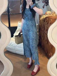 LIRUSHAN | French Style Blue Dots Short Sleeve Dress Slimming