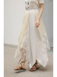 High Waist Lace Patchwork Midi Skirt Womens Summer 2025 New Style Slimming Asymmetrical Elegant Skirt in Beige Color