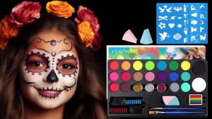 VERONNI | 20 Colors Face Body Paint Kit with Glitter Brushes StencilsWater Based Washable Makeup Palette for Kids Adults Party Cosplay