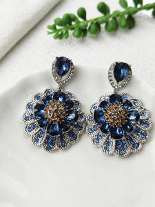 Heavy Duty Large Blue Diamond Floral Ear Jewelry French Exaggerated Style Fashionable And Elegant Womens Earring Accessories