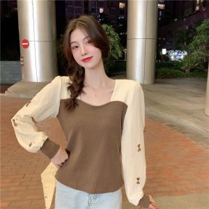 IELGY Womens Shirt Long Sleeve Square Collar Patchwork Bow Top