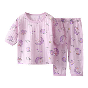 Childrens Air Conditioning Room Clothing Pure Cotton Boys and Girls Three-Quarter Sleeve Homewear Suit Summer Thin Child Baby Pajamas Spring & Fall