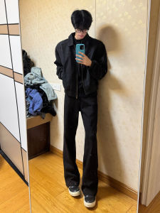 Black Bell Bottom Jeans Mens Autumn American High Street Vibe Pants Leg Lengthening Slimming Straight Leg Trousers