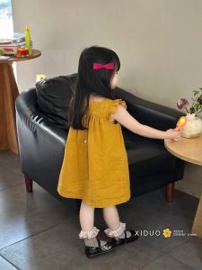 Summer Cotton Linen Princess Vest Dress for Girls Cute Little Wings Sleeves Vintage Vest Dress Medium to Small Children