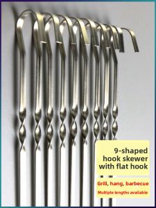 Stainless Steel BBQ Skewer Flat Hook 9 Character Hook Hanging Oven Meat Skewer Tile Pot BBQ Needle Camp Cooking Utensils
