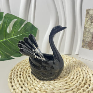 Luxury 304 Stainless Steel Swan Shaped Fruit Fork Set and Ceramic Storage Can