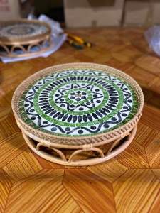 ขันโตก หวายแท้ เกรดพรีเมี่ยม ฝังเปลือกหอยมุก ขนาด 40 cm มีฝาครอบอะคิริค *ราคาต่อ 1 ชิ้น*