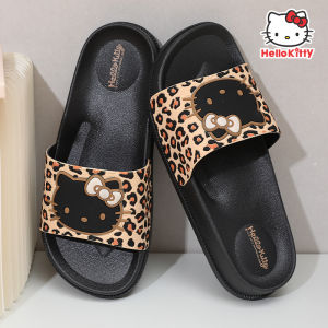 Hello Kitty ส่วนบุคคลเสือดาวพิมพ์ Flip Flops สําหรับสาวการ์ตูนส้นแบนรองเท้าแตะที่สมบูรณ์แบบสําหรับฤดูร้อนใช้ในบ้าน Anti-SLIP สวมใส่กลางแจ้ง