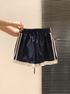 Simple Casual Blue Lace Hem Sports Shorts Womens High Waist Straight Leg Pants Summer New Sweet Design Sensation OIKA