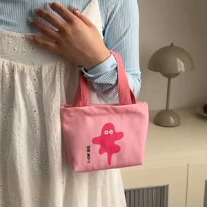 Cute Mini Cartoon Canvas Handbag Lunch Bag Korean Style Small Zipper Tote Bag Hand Snack Bag Makeup Bag Multi Functional Reusable for School Office