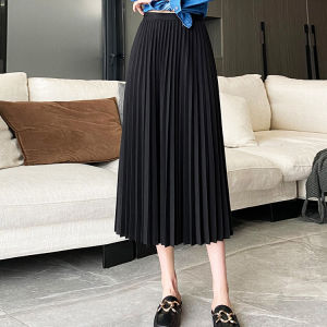 กระโปรงจีบเอวสูงทรงเอเข้ารูปสีดำสำหรับผู้หญิงในฤดูใบไม้ร่วง กระโปรงยาวปานกลาง ทรงหลวม สไตล์หวานๆ
