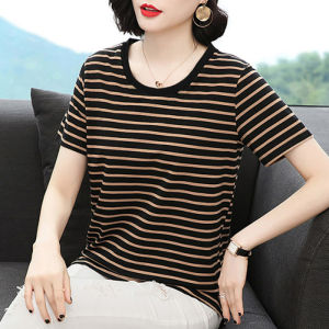HUAXUNRAN | Plus Size Striped Short Sleeve T-shirt Slimming
