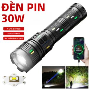 Đèn Pin Khẩn Cấp Chiến Thuật 30W Có Khả Năng Thu Phóng Bằng Kính Thiên Văn Đèn Pin Cắm Trại LED Có Thể Sạc Lại Bằng USB Công Suất Cao Với Pin Tích Hợp