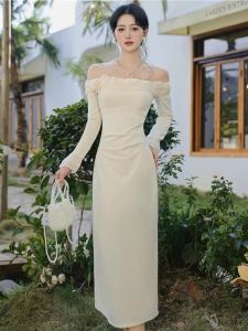 French Vintage One Shoulder Dress Slimming Elegant High End Feeling Wedding Engagement Party Long Skirt Womens Fashion