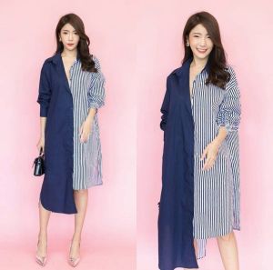 ●ECLAIRE● 0IS Dress Mini Tunik asimetris Asymmetric Two-tone 2tone Twotone stripe salur Garis-garis Kasual Casual Korea Basic Kerja SCA